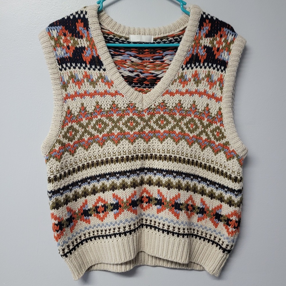 REL Fair Isle Thick Knit‎ Sweater Vest V Neck Multi Color Orange Pattern Size M